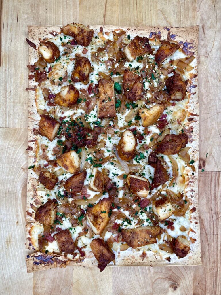 Blackened Chicken & Bacon Alfredo Pizza